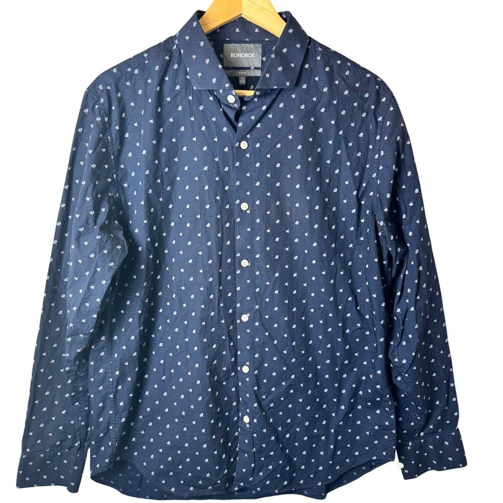 Bonobos Button Down Shirt Mens Large Navy Blue Slim Fit Geometric Print Business